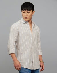 Light Sand Full Sleeves Linen Blend Stripe Shirt