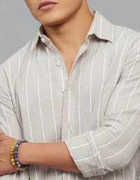 Light Sand Full Sleeves Linen Blend Stripe Shirt