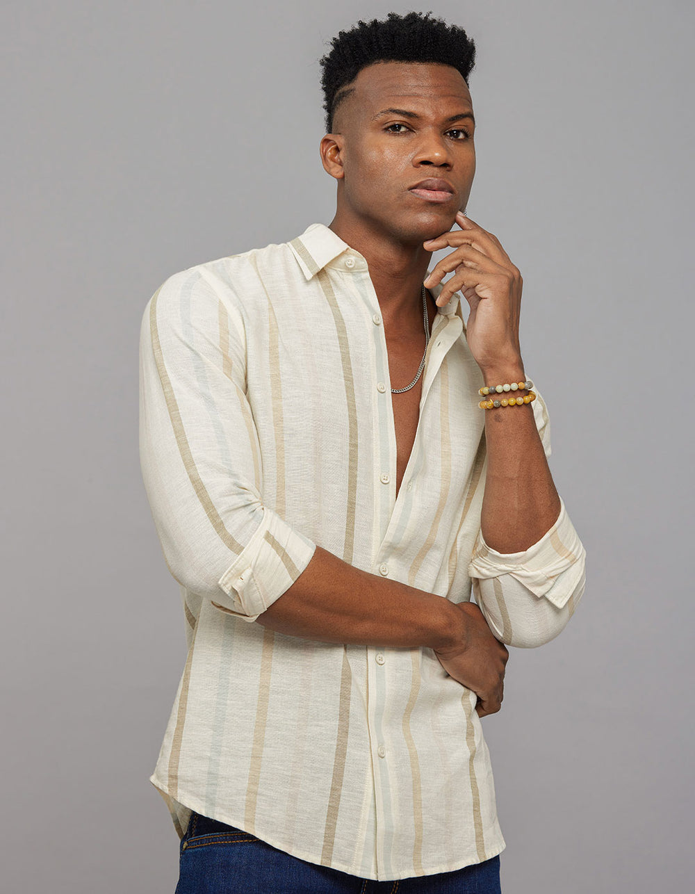 Beige Full Sleeves Linen Blend Stripe Shirt