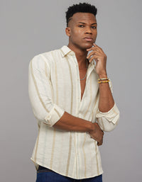 Beige Full Sleeves Linen Blend Stripe Shirt
