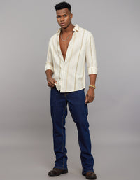 Beige Full Sleeves Linen Blend Stripe Shirt