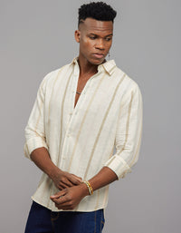 Beige Full Sleeves Linen Blend Stripe Shirt