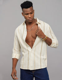 Beige Full Sleeves Linen Blend Stripe Shirt