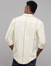 Beige Full Sleeves Linen Blend Stripe Shirt
