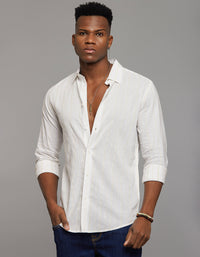 White Khaki Full Sleeves Linen Blend Stripe Shirt