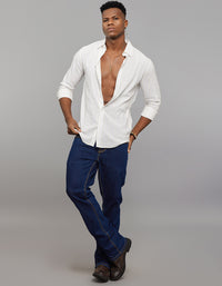 White Khaki Full Sleeves Linen Blend Stripe Shirt