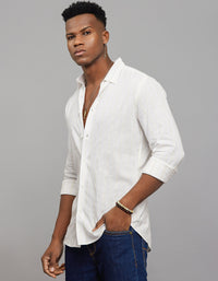 White Khaki Full Sleeves Linen Blend Stripe Shirt