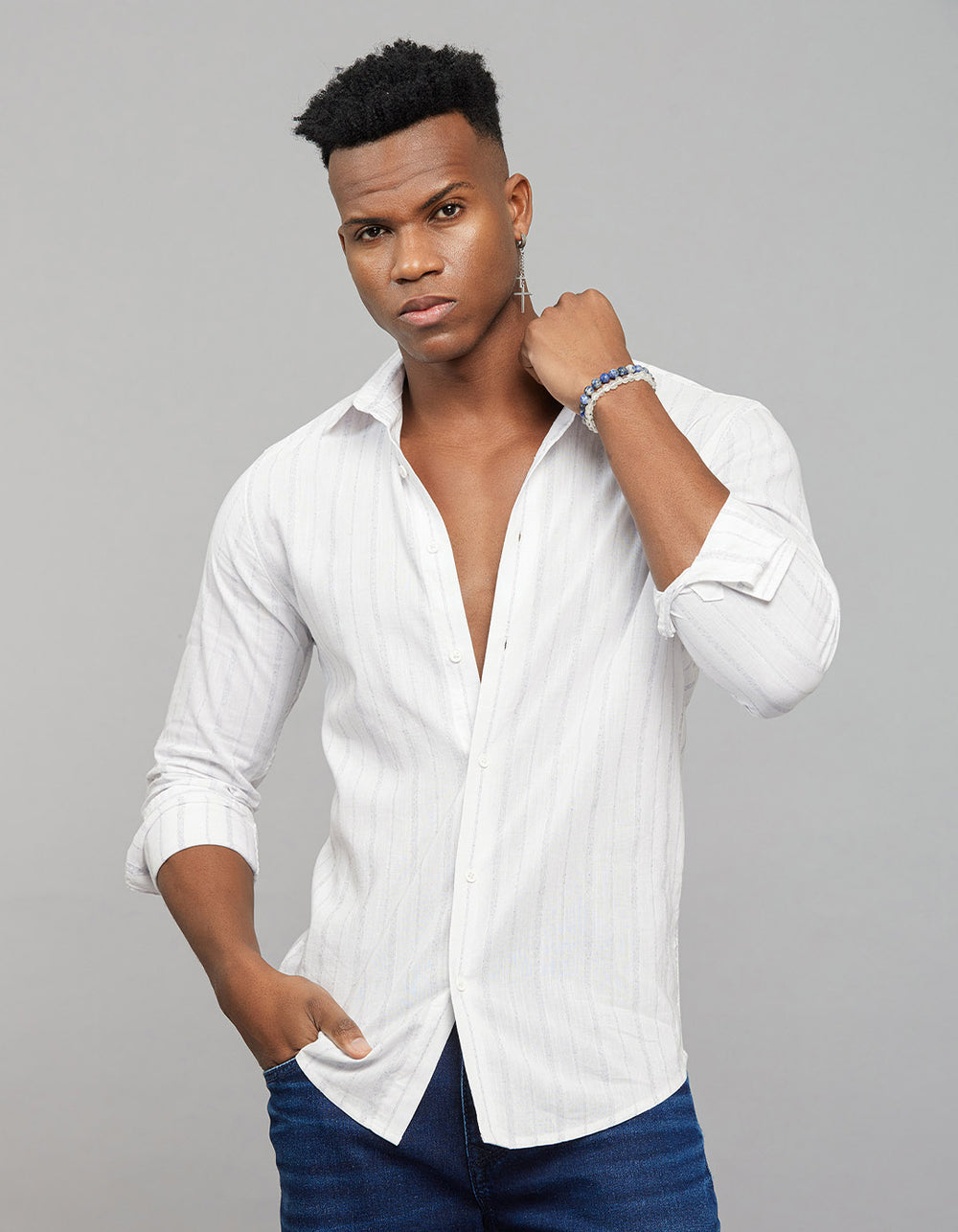 White Navy Full Sleeves Linen Blend Stripe Shirt