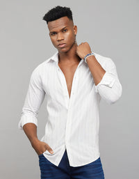 White Navy Full Sleeves Linen Blend Stripe Shirt