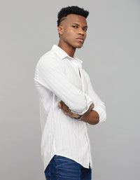 White Navy Full Sleeves Linen Blend Stripe Shirt
