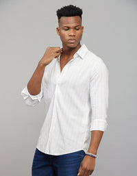 White Navy Full Sleeves Linen Blend Stripe Shirt
