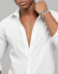 White Navy Full Sleeves Linen Blend Stripe Shirt