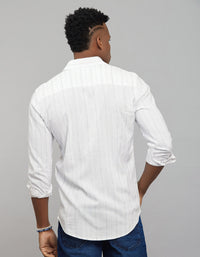 White Navy Full Sleeves Linen Blend Stripe Shirt