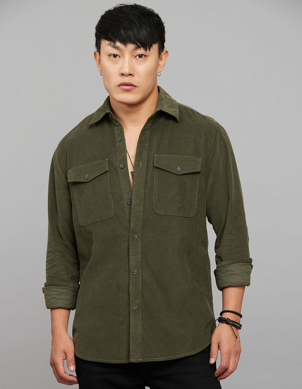 Light Olive Full Sleeves Corduroy Shirt