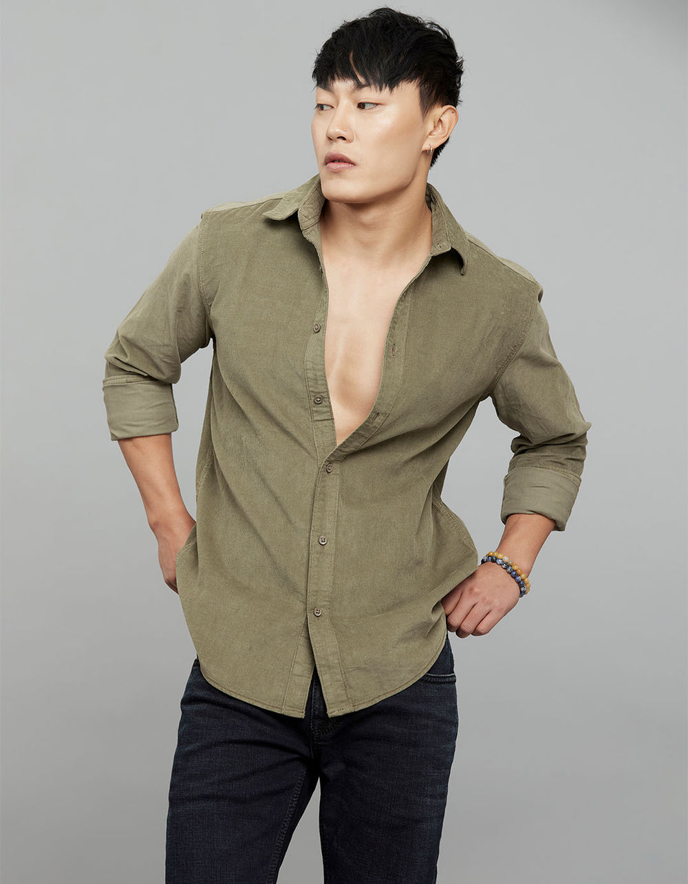 Light Moss Full Sleeves Corduroy Shirt