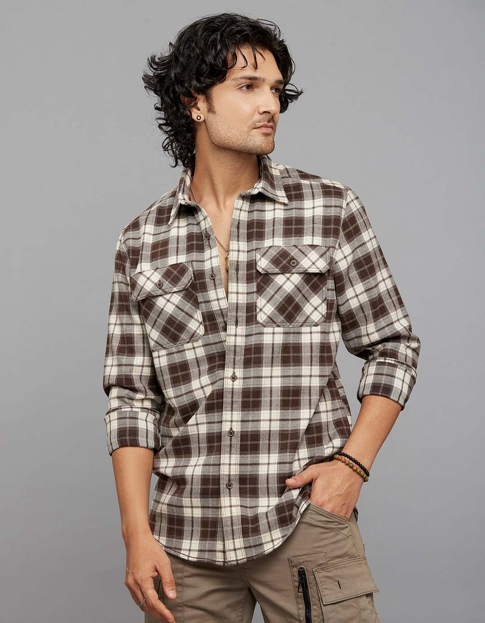 Brown Cream Full Sleeves Stretch Check Shirt