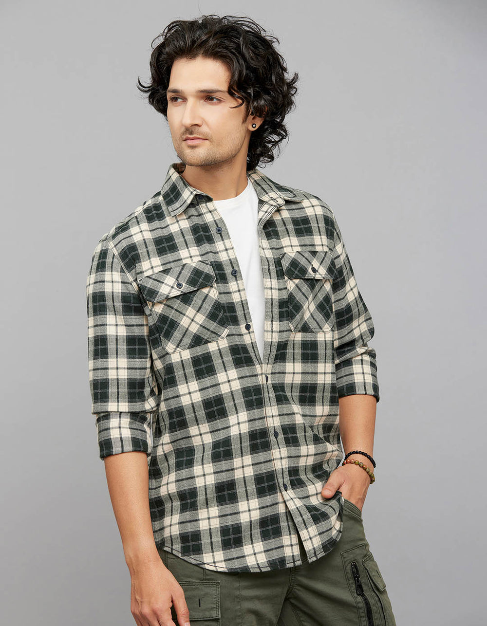 Green Cream Full Sleeves Stretch Check Shirt