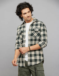 Green Cream Full Sleeves Stretch Check Shirt
