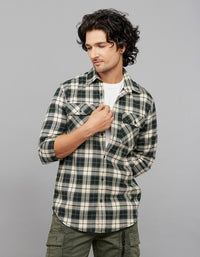 Green Cream Full Sleeves Stretch Check Shirt