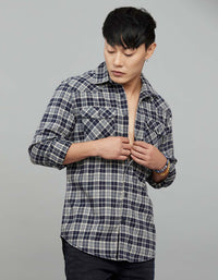 Navy Cream Full Sleeves Stretch Check Shirt