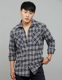 Navy Cream Full Sleeves Stretch Check Shirt