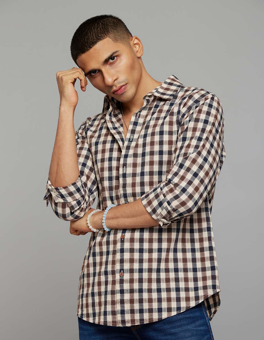 Navy Brown Full Sleeves Check Shirt