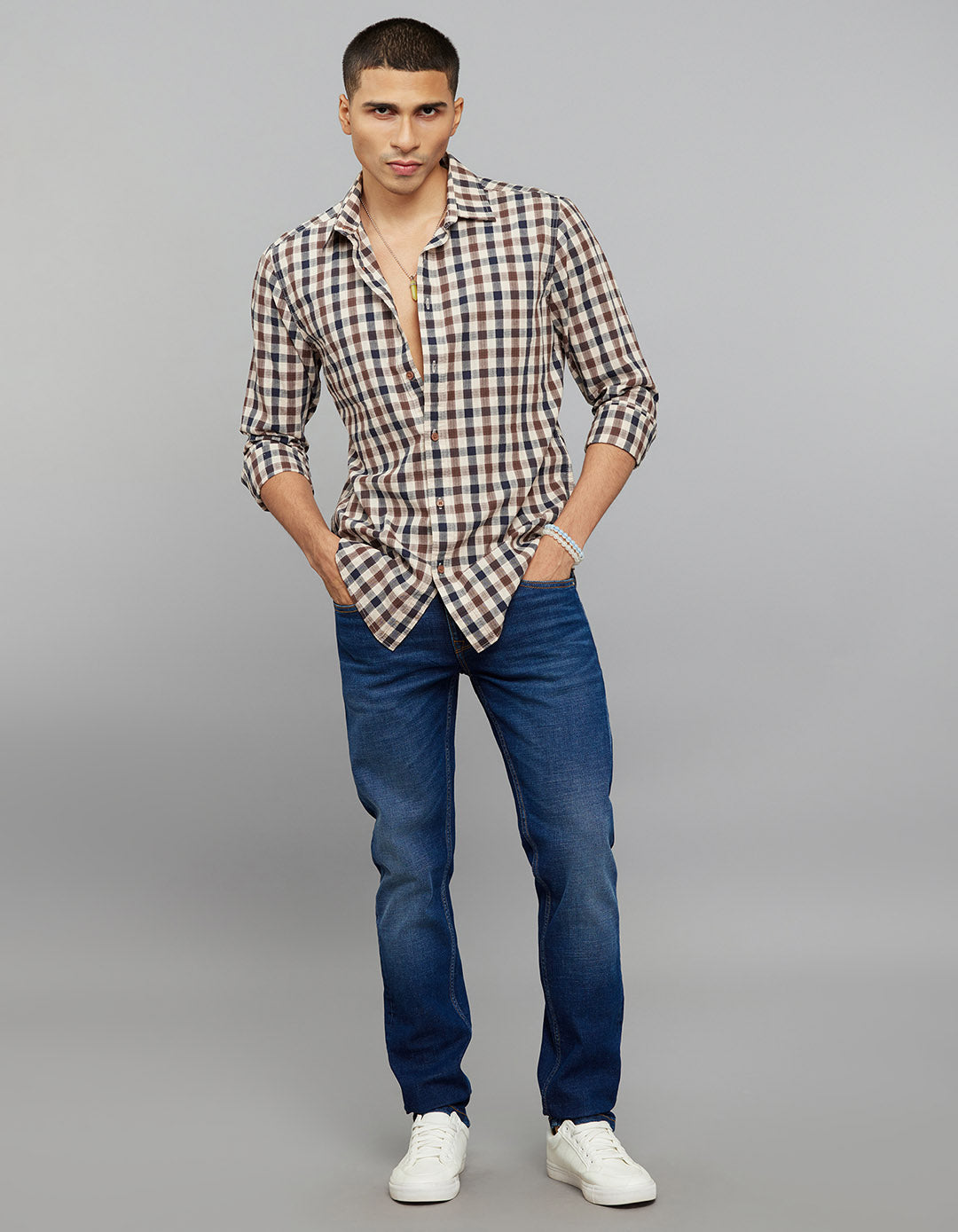 Navy Brown Full Sleeves Check Shirt