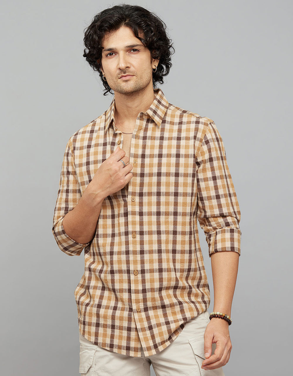 Beige Brown Full Sleeves Check Shirt