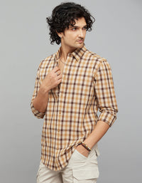 Beige Brown Full Sleeves Check Shirt