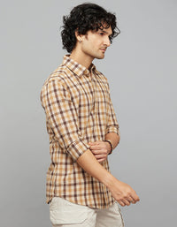 Beige Brown Full Sleeves Check Shirt