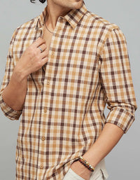 Beige Brown Full Sleeves Check Shirt