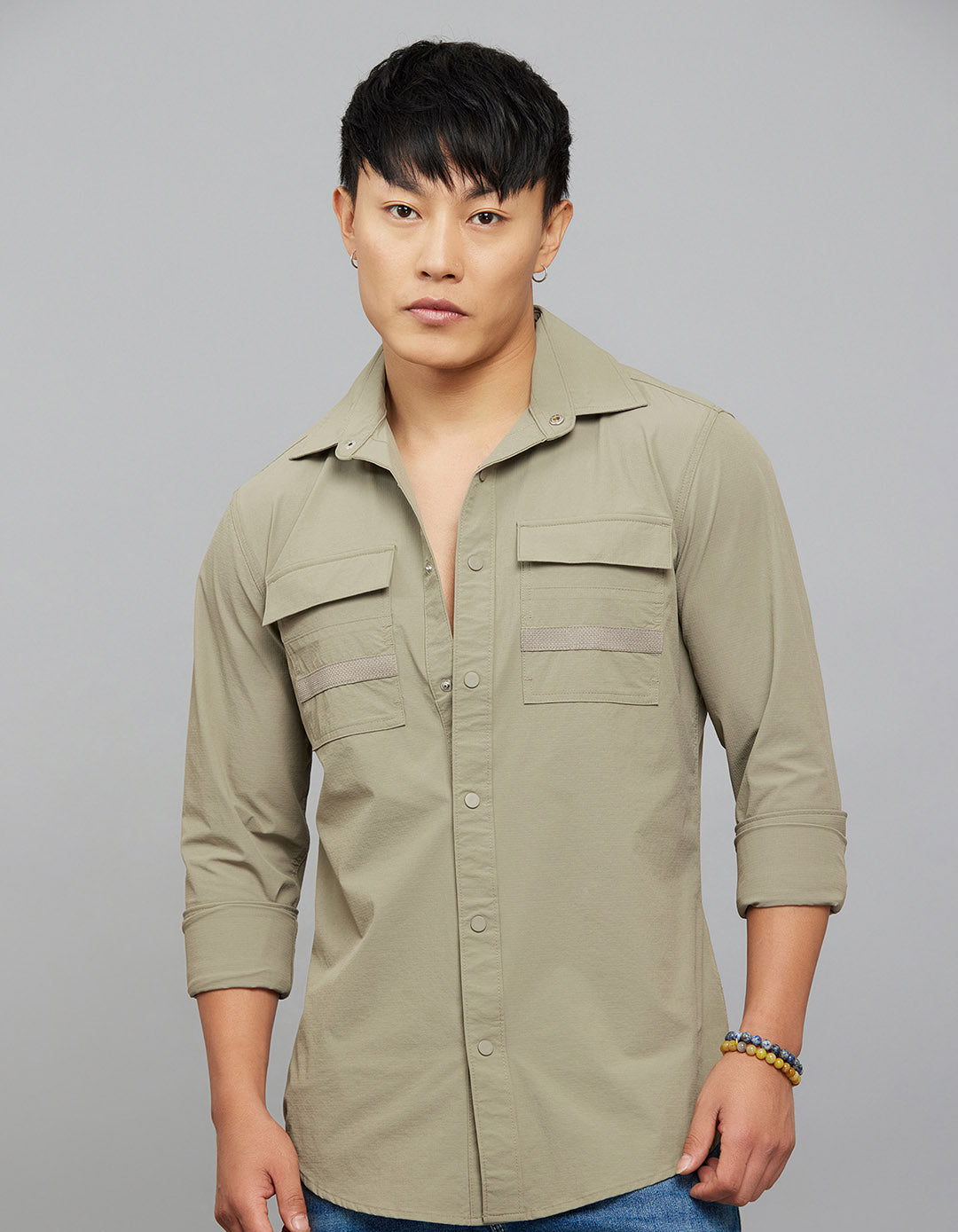 Cement Full Sleeves Cargo Shirt