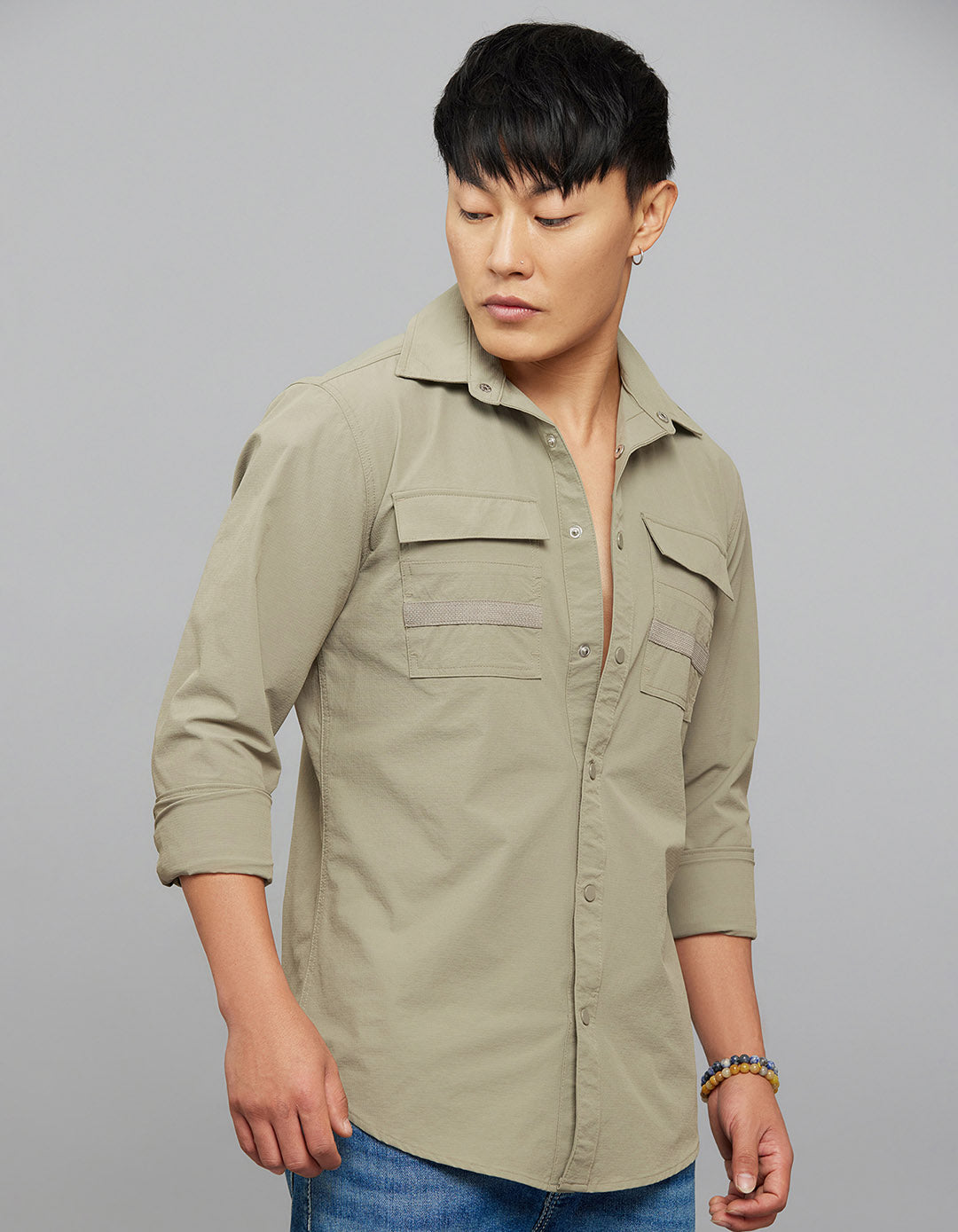 Cement Full Sleeves Cargo Shirt