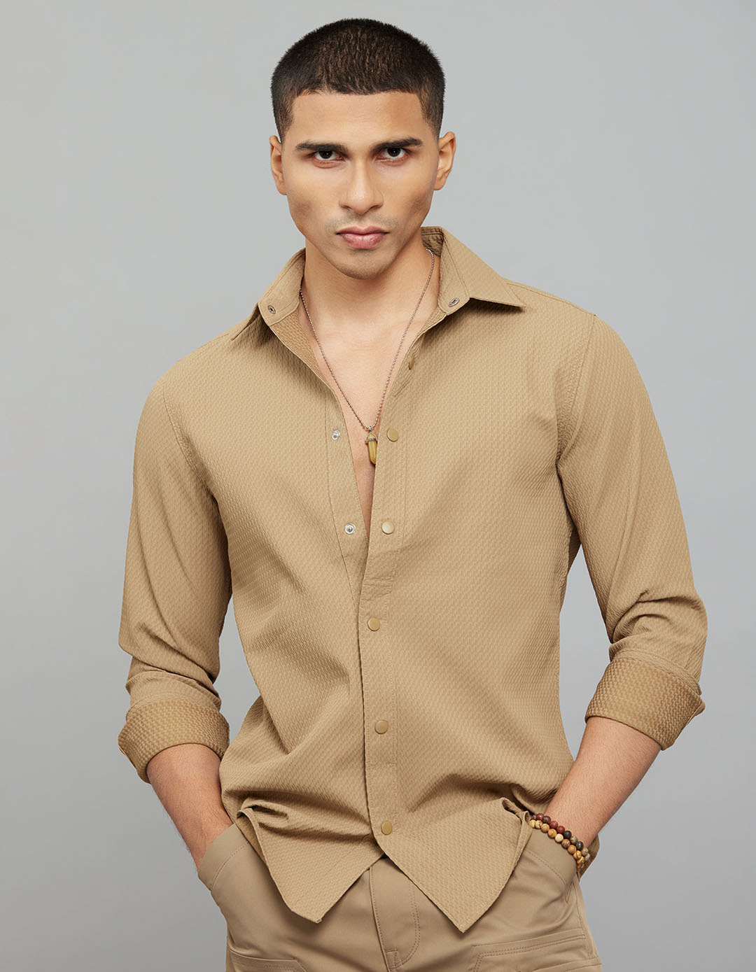 Khaki Full Sleeves Texture Shirt