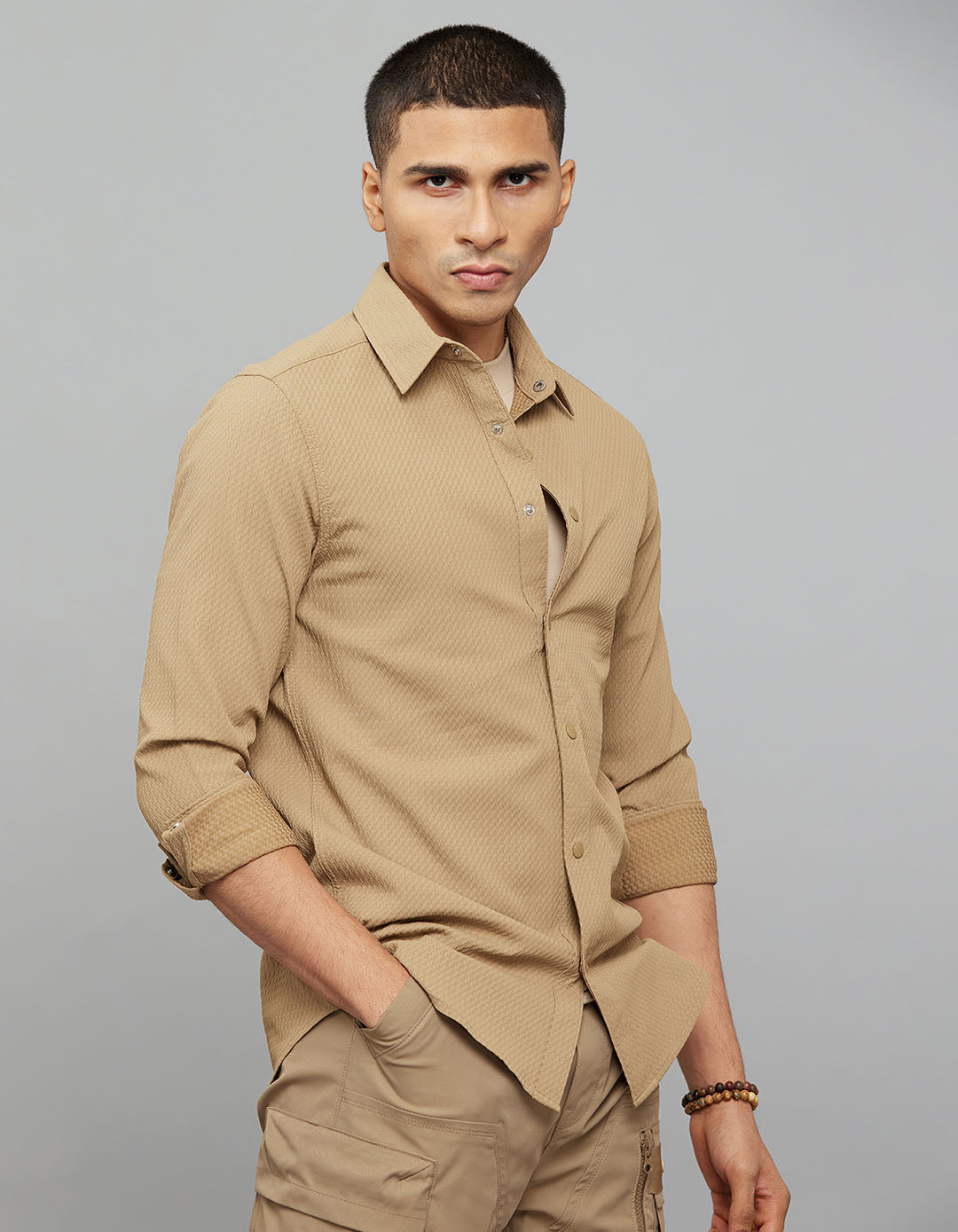 Khaki Full Sleeves Texture Shirt