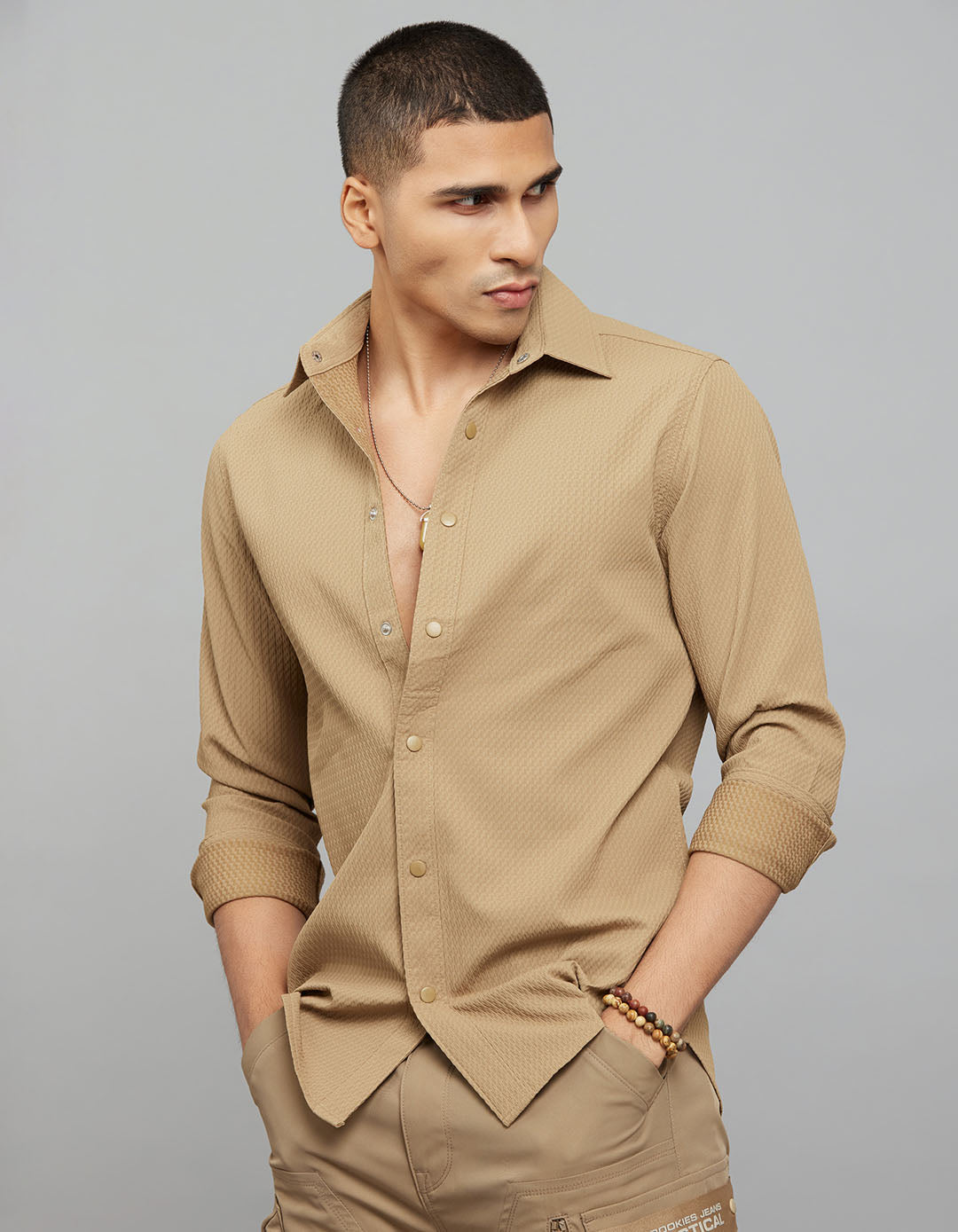 Khaki Full Sleeves Texture Shirt
