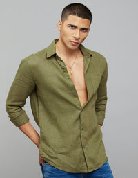 Olive Full Sleeves Linen Blend Shirt
