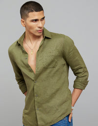 Olive Full Sleeves Linen Blend Shirt