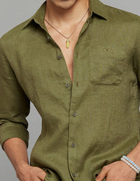 Olive Full Sleeves Linen Blend Shirt