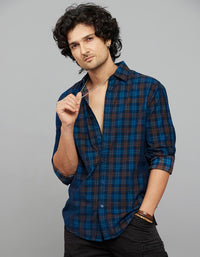 Navy Full Sleeves Corduroy Check Shirt