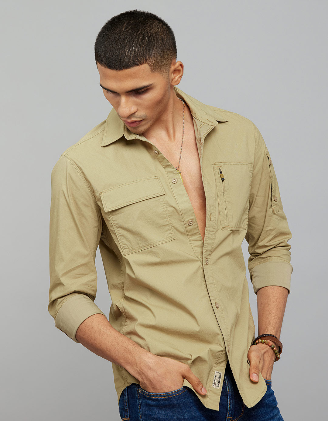 Light Khaki Full Sleeves Cargo Shirt