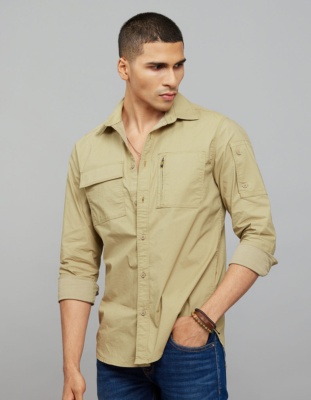 Light Khaki Full Sleeves Cargo Shirt