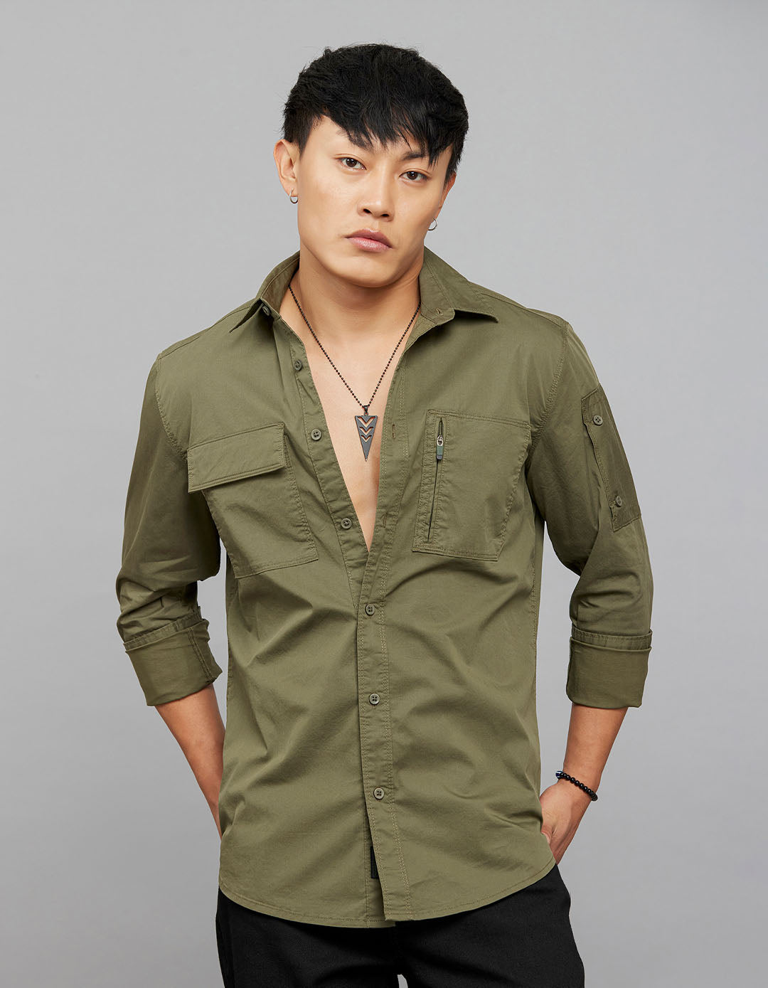 Olive Full Sleeves Cargo Shirt