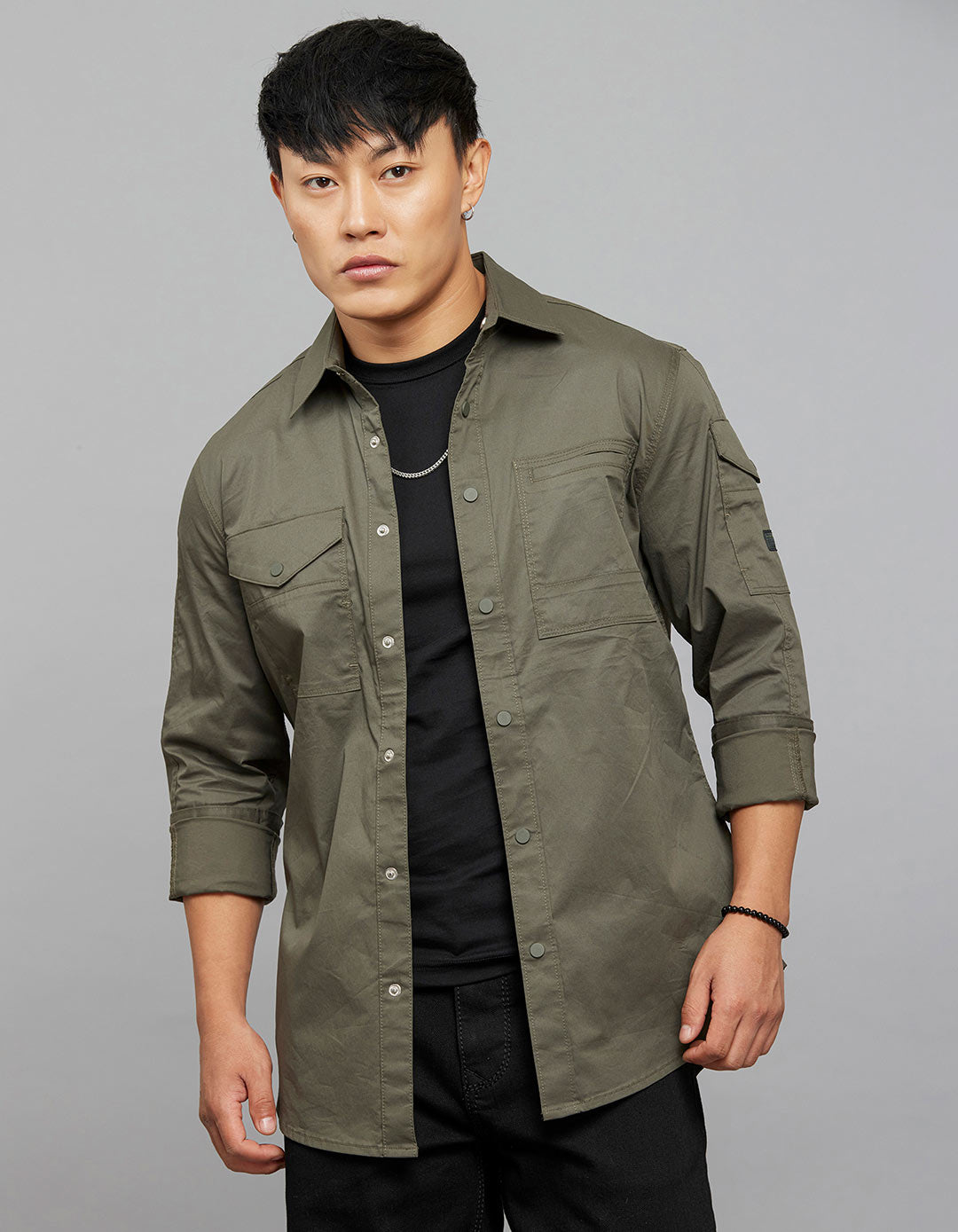 Dark Military Green Full Sleeves Cargo Shirt