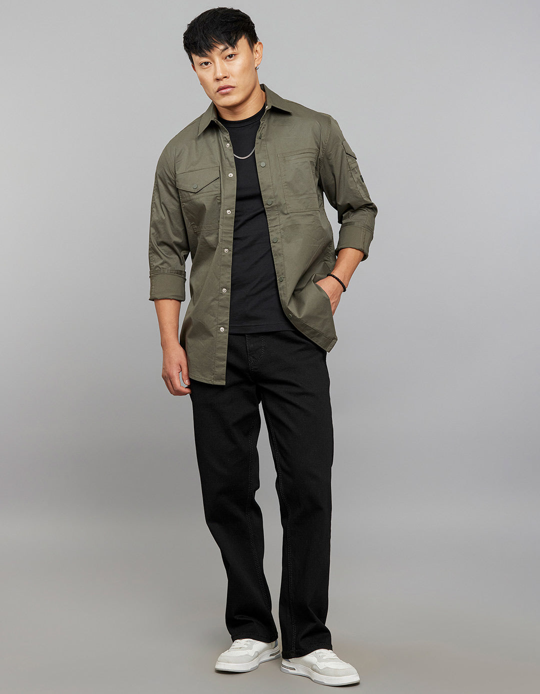 Dark Military Green Full Sleeves Cargo Shirt