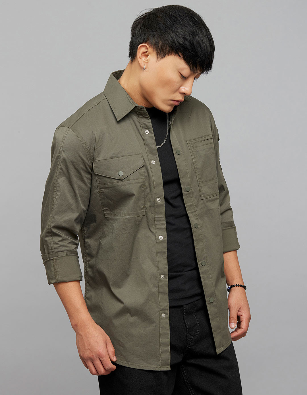 Dark Military Green Full Sleeves Cargo Shirt