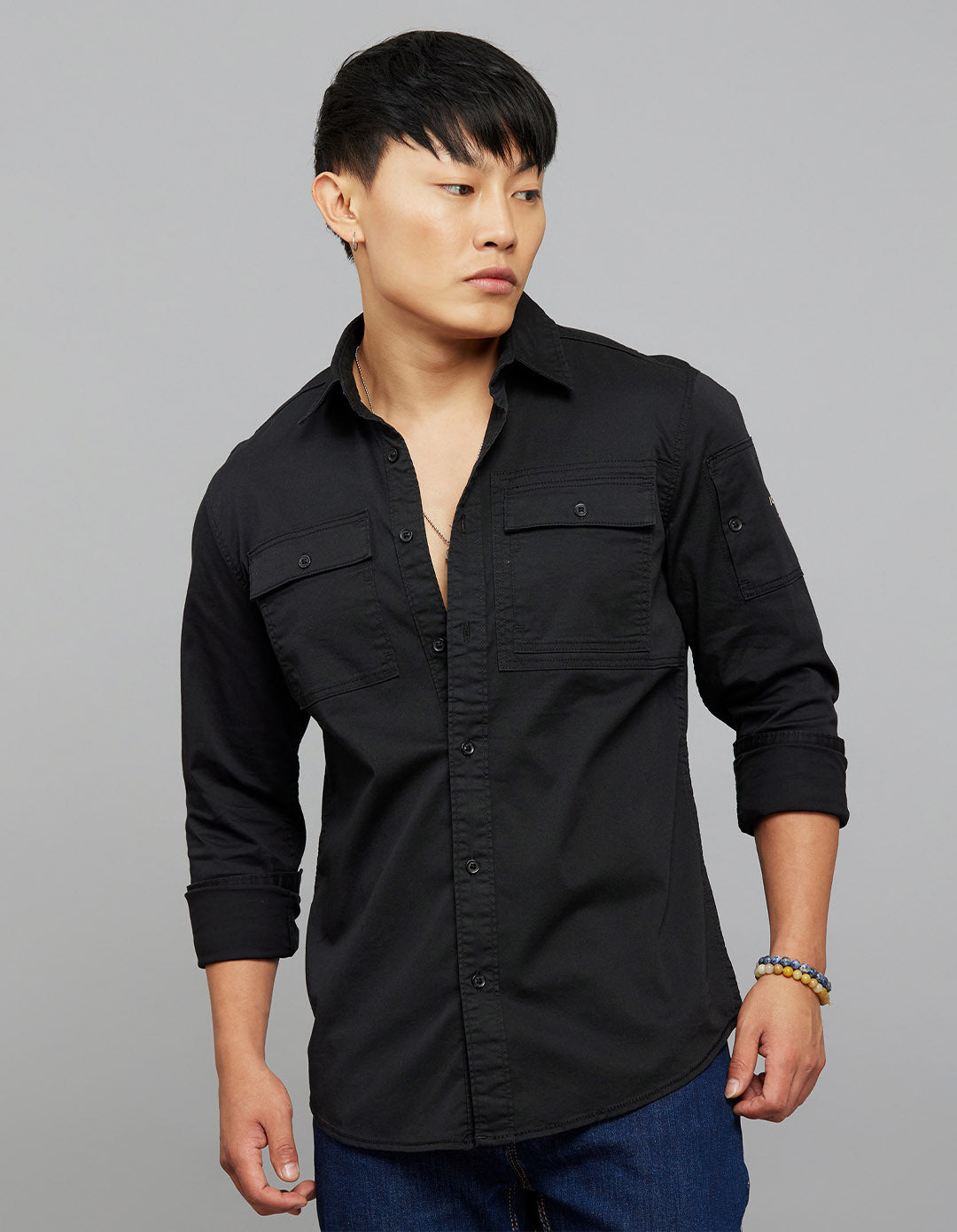 Jet Black Full Sleeves Cargo Shirt