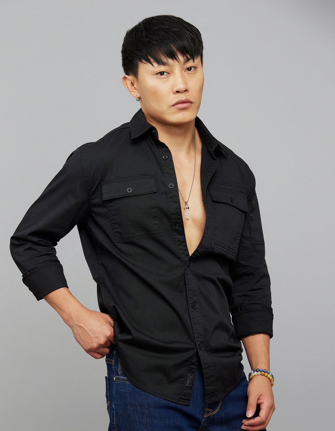 Jet Black Full Sleeves Cargo Shirt