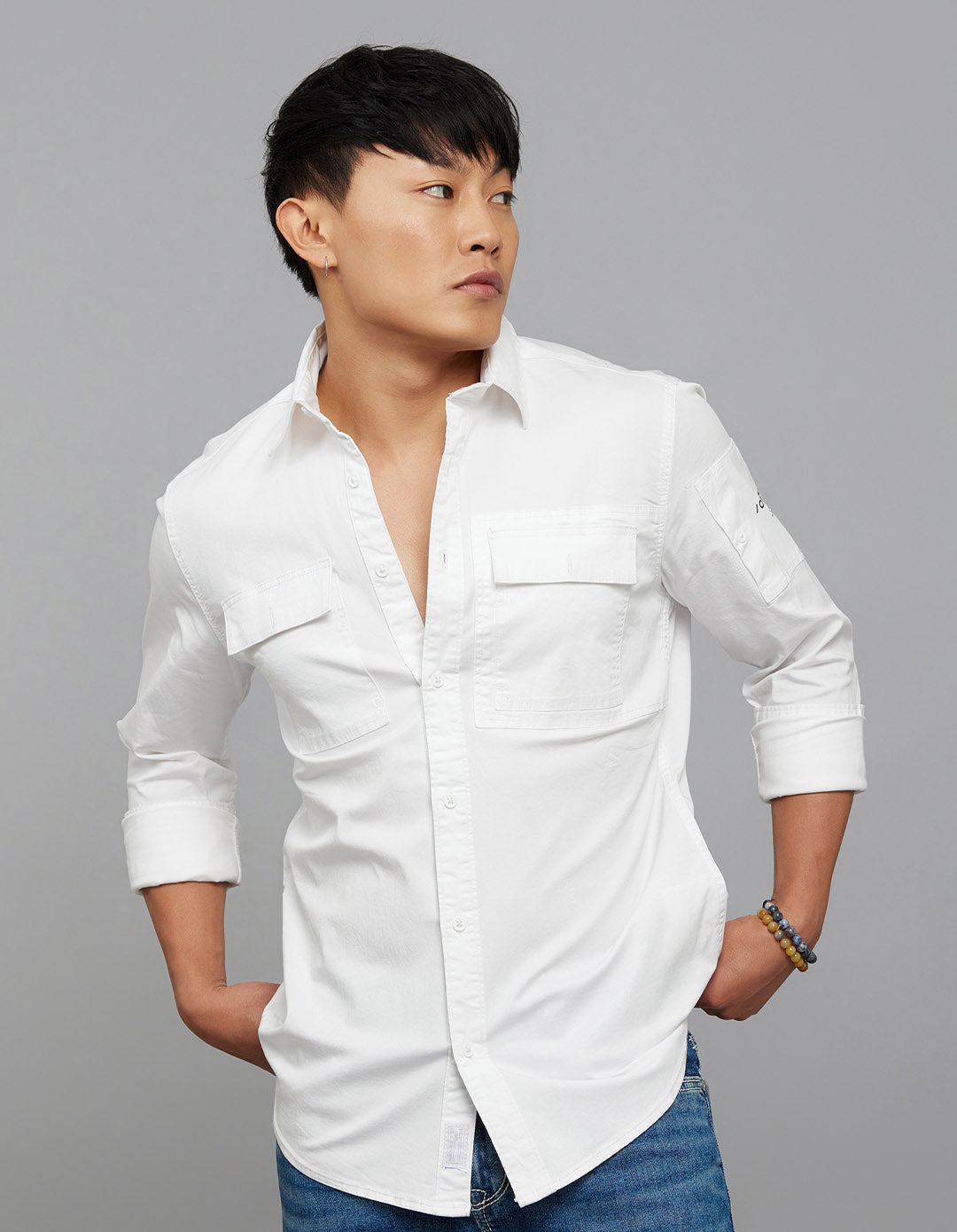 White Full Sleeves Cargo Shirt
