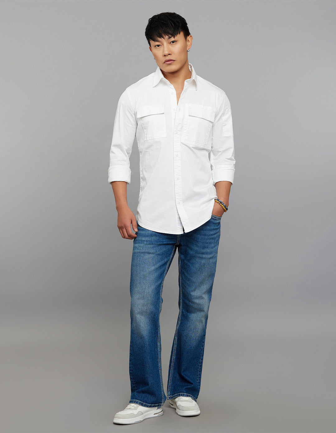 White Full Sleeves Cargo Shirt